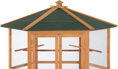 PawHut 69" Large Wooden Hexagonal Outdoor Aviary Flight Bird Cage with Covered Roof, Brown