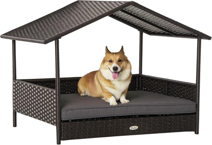 PawHut Wicker Dog House Outdoor with Canopy, Rattan Dog Bed with Water-Resistant Cushion, Raised Dog Bed for Small, Medium Dogs up to 66 lbs, 19.75" in Length, Brown Wicker, Gray Cushion