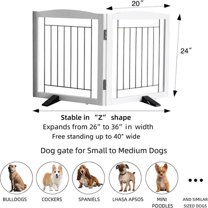 ZJSF Freestanding Dog Fence Indoor, Foldable Dog Gate for Doorways, Stairs or Hallways, Sturdy Wood Extra Wide Pet Gate with Support Feet for The House, White, 24 "Height-2 Panels