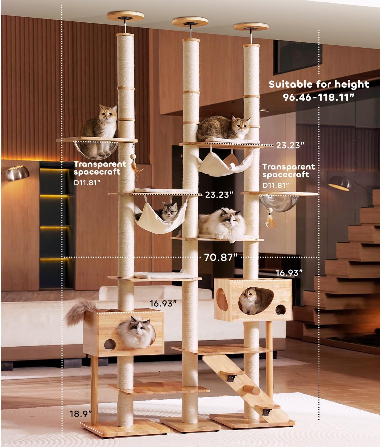 Wood Cat Tree for Indoor Cats, Modern Cat Tower, Unique Cat Condo with House, Tall Luxury Furniture with Heavy Duty Wide Base, Kraft Paper Rope Scratching Post, Removable Cushion (96.5-118.1 inch)