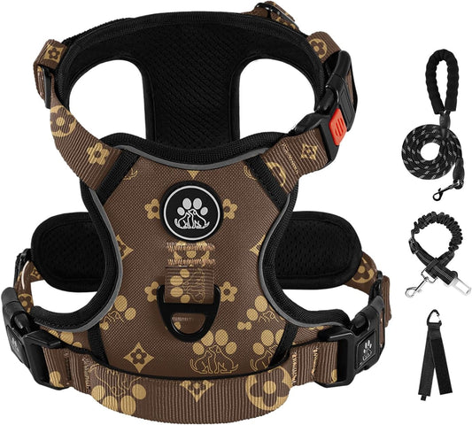 IVY&LANE No Pull Dog Harness with Leash Set, Reflective No Choke Pet Vest,Adjustable Oxford Dog Vest Harness with Easy Control Handle for Large Dogs (Dark Brown,XL)