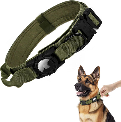 Tactical AirTag Dog Collar - Heavy Duty, Adjustable GPS Collar Compatible with Apple AirTag, with Holder & Control Handle for Medium/Large Dogs [ Green, L ]