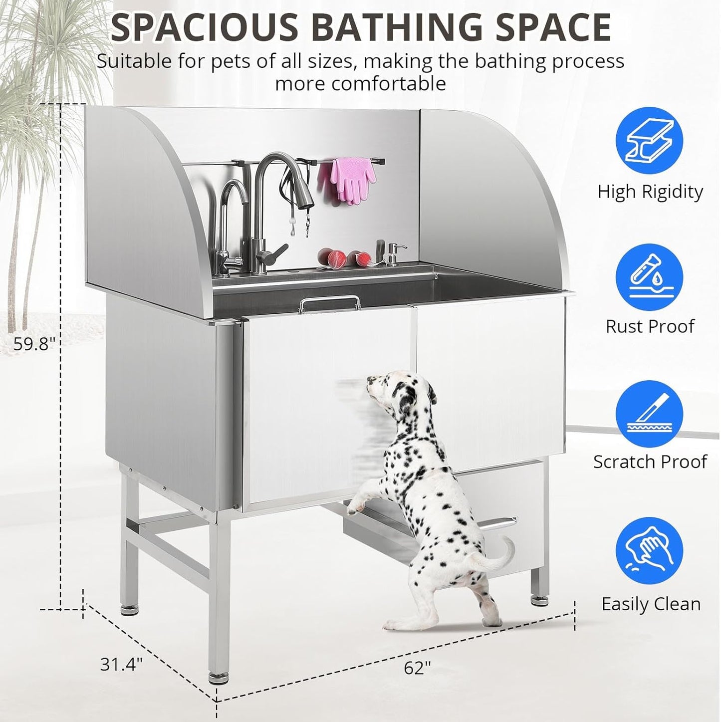 Professional Dog Grooming Tub, 62" Stainless Steel Dog Wash Station with Foldable Ramp, Storage Drawer, Floor Grate & Faucet/Dog Bathtub for Large, Medium & Small Pets - Left Door (62")