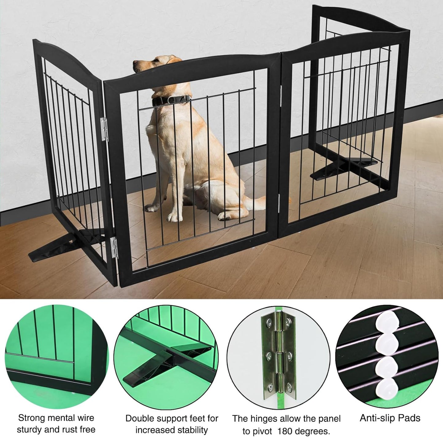 ZJSF Freestanding Dog Fence Indoor, Foldable Dog Gate for Doorways, Stairs or Hallways, Sturdy Wood Extra Wide Pet Gate with Support Feet for The House, Black, 24 "Height-4 Panels