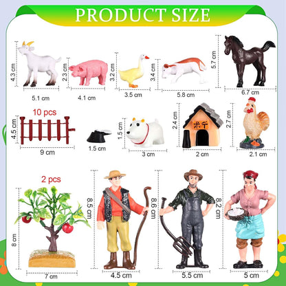 27 Pcs Farm Toys Set, 3 Little Farmer Figurines 9 Plastic Animals Figurines 10 Feed Food Fence Playset 4 Model Trees 1 Moss Mat Animal Farm Toys for Educational School Project Gift