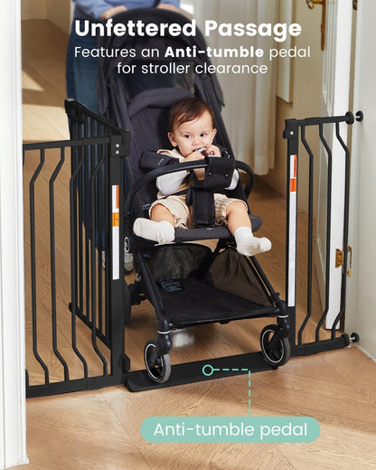 Mom's Choice-GROWNSY Baby Gate for Stairs, 29.5"-48.4" Pressure Mounted Baby Gate for Top of Stair&Doorway with Y-Spindle Rods, Anti-Trip Pedal, Wide Stairs Dog Gate Easy Install w/Red Reminder,Black