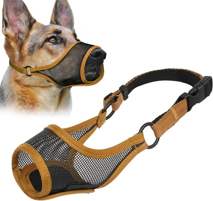 LUCKYPAW Dog Muzzle, Mesh Muzzle for Large Medium Small Dogs, Soft Mouth Guard for Biting Chewing, Breathable Mouth Guard with Adjustable Strap for Training(Brown, M(Snout:8.75"-9.5"))