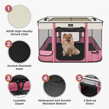 Foldable Pet Kitten Playpen, Upgrade Waterproof Portable Cat Dog Playpen Kennel Tent for Small Dog Cat, Removable Shade Cover, Come with Free Carrying Case, Indoor Outdoor Use for Small Pet, Pink