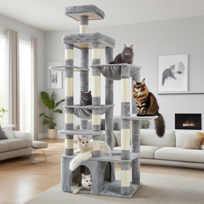 Heybly Heavy Duty Cat Tree, 71-Inch Tall Tower for Large Maine Coon with Extra-Large Baseboard, Cat Condo Furniture with Multi-Level Platforms, 2 Hammocks and 12 Scratching Posts, Light Gray HCT037W