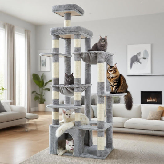 Heybly Heavy Duty Cat Tree, 71-Inch Tall Tower for Large Maine Coon with Extra-Large Baseboard, Cat Condo Furniture with Multi-Level Platforms, 2 Hammocks and 12 Scratching Posts, Light Gray HCT037W