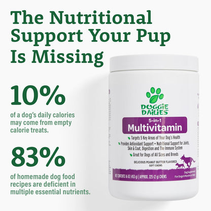 Doggie Dailies 5 in 1 Multivitamin for Dogs, Dog Multivitamin for Skin and Coat Health, Joint Health, Improved Digestion, Antioxidants, Support a Healthy Immune System (Peanut Butter) 225 Soft Chews