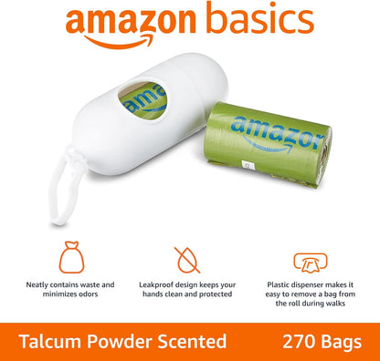 Amazon Basics Dog Poop Bags with Dispenser, 270 Count, Enhanced for Guaranteed Leakproof, Talcum Powder Scented, Includes Leash Clip