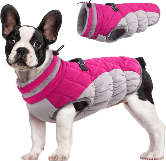 FUAMEY Dog Coat, Medium, Pink, Faux Fur - Waterproof, Windproof, Reflective Cold Weather Coat with Built-in Harness, Fits Dogs 11 lbs and Up