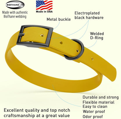 Dogline Biothane Waterproof Dog Collar Strong Coated Nylon Webbing with Black Hardware Odor- Proof for Easy Care Easy to Clean High Performance Fits Small Medium or Large Dogs, Treasure Gold