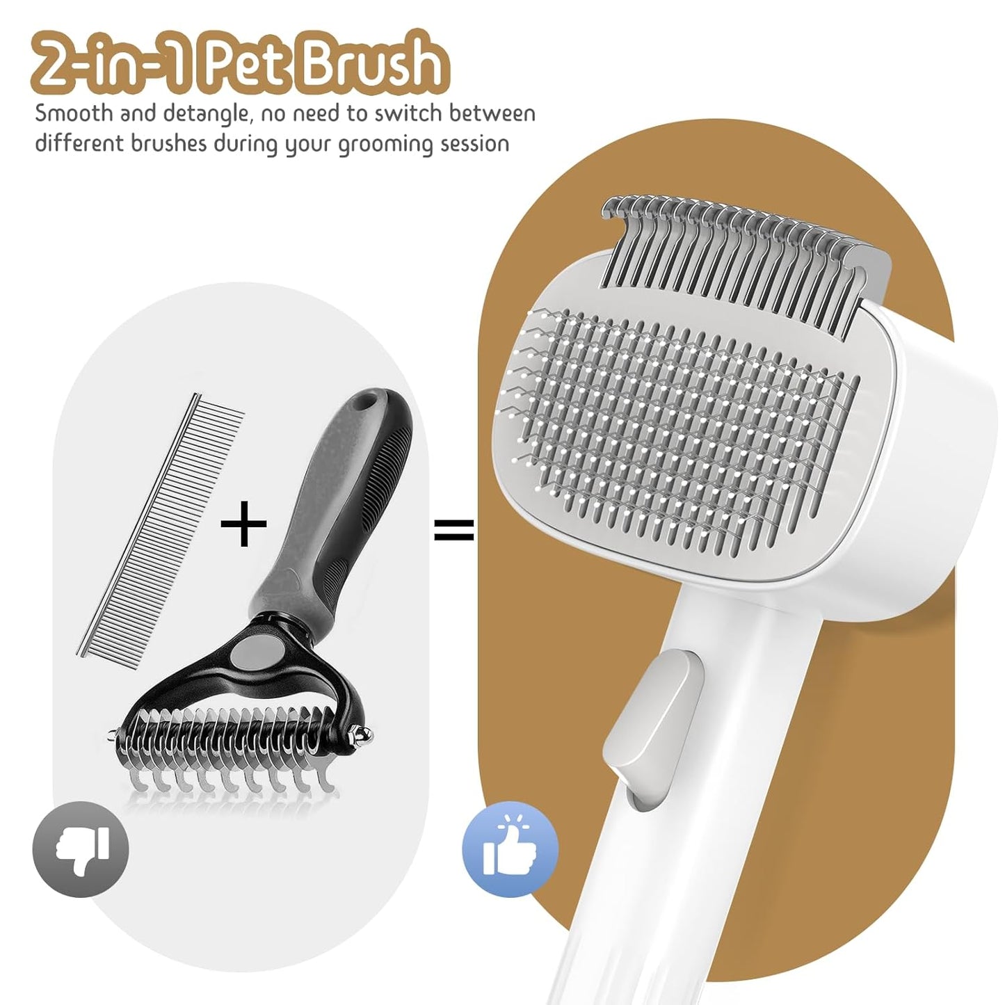 Self Cleaning Slicker Brush, 2-in-1 Cat Brush for Shedding, Skin Friendly Grooming Tool for Long & Medium-Long Hair Pets, Adjustable Bristle Length with Dematting Comb for Cats, Dogs