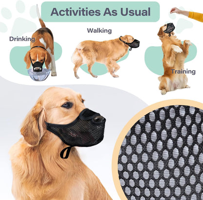 LUCKYPAW Dog Muzzle for Large Medium Small Dogs, Patented Mesh Muzzle to Prevent Biting Chewing Eating, Soft Mouth Guard with Front Opening Design for Drinking Panting(Black, XL)