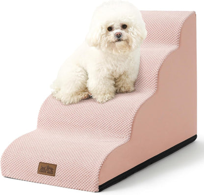 Dog Stairs for Small Dogs 19.7" H, Curved Dog Step for Puppy, Older or Cat, Medium Pet Ramp for Sofa, Couch or Bed, Ladder with High Density Foam, 15.7x28.3x19.7 inch, 4 Step, Pink