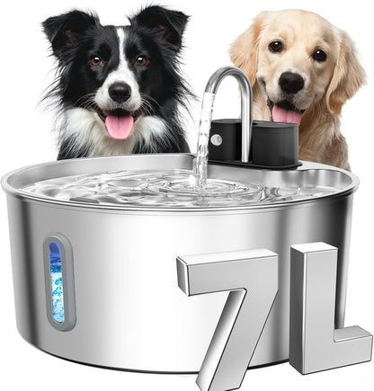 Dog Water Fountain Stainless Steel: 7L/236oz Cordless Large Dog Water Bowl Dispenser Automatic Cat Pet Water Fountain Indoor with Deeper Drinking Area, Multi-Pet Water Fountain with Ultra-Quiet Pump