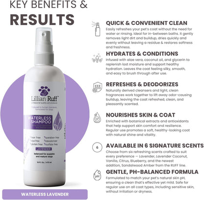Lillian Ruff Waterless No-Rinse Dog Dry Shampoo Spray with Hydrating Essential Oils - pH-Balanced Dry Shampoo for Dogs - Clean, Condition, Detangle & Deodorize Dry, Sensitive Skin (Lavender)