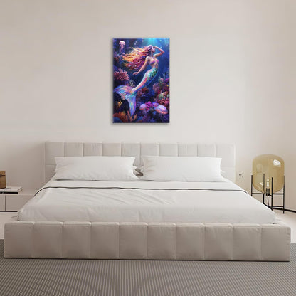 Sea Mermaid Bathroom Pictures Wall Art, Ocean Mermaid Bathroom Wall Decor, Aesthetics Framed Painting Canvas Artwork for Bedroom Living Room Decorations 24"L x 16"W