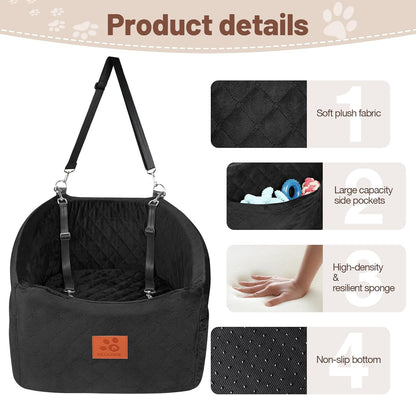 Dog Car Seat for Small Medium Dogs, Memory Foam Booster Car Seat for Dogs up to 35 lbs, Elevated Pet Car Seat, Travel Safety Bed with Washable Removable Cover and Storage Pockets(Black)