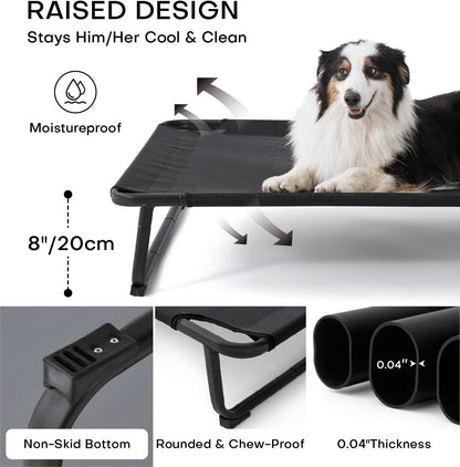 Made4Pets Outdoor Elevated Dog Bed for Large Dogs - Cooling Raised Pet Cot with Skid-Resistant Feet, Tool-Free Setup, Chew-Resistant Frame, Washable Mesh Hammock, Indoor & Outdoor Use, 42"x28", Black