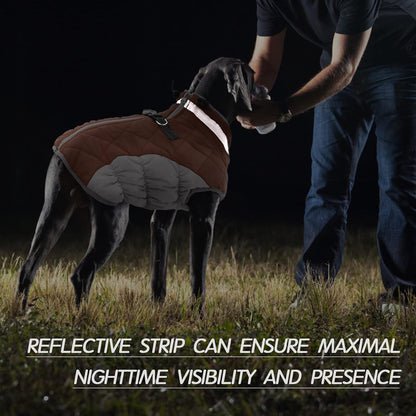 FUAMEY Dog Coat for Large Dogs,Waterproof Dog Winter Jacket with Harness Built in Puppy Cold Weather Coats Reflective Pet Vest with Zipper Warm Fleece Dogs Snowsuit Windproof Brown XXL