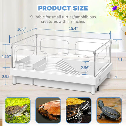 Small Turtle Tank, Aquarium, Acrylic Terrarium with Basking Platform, Bottom Drainage, Multi-Function Areas for Turtles, Crabs, Crayfish, Reptiles.