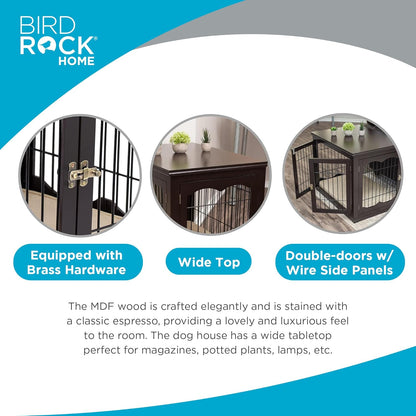 INTERNET'S BEST Decorative Dog Kennel with Pet Bed, Small Pet House, Double Door Indoor Crate, Engineered Wood & Wire Furniture, Side Table & Nightstand, Fits Small Dogs - Espresso