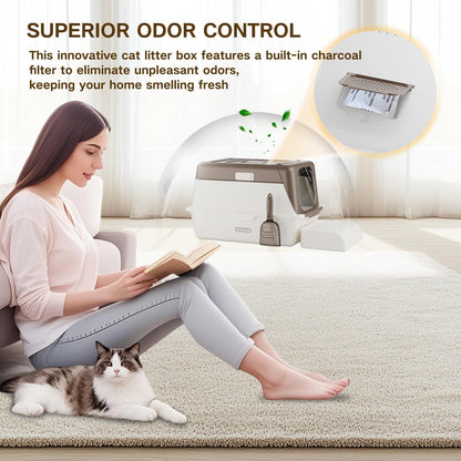 Stainless Steel Cat Litter Box with Lid, XX-Large Extra Large Litter Boxes for Large Cats,Enclosed Removable Metal Kitty Litter Box with High Sided,Magnetic Door,40L Box, Litter Trap Step/Mat