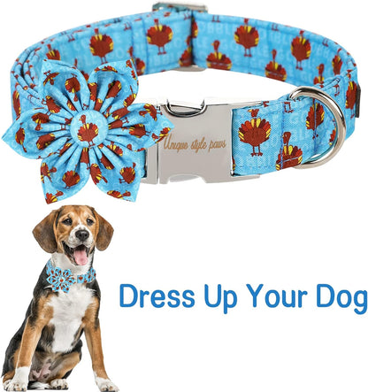 Unique style paws Thanksgiving Dog Collar with Flower Tie Autumn Turkey Theme Puppy Collar for Small Medium Large Dogs-M