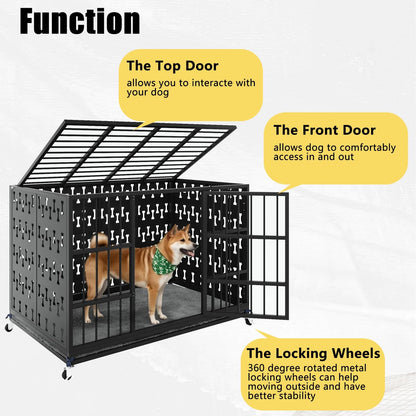LEMBERI 48/42 inch Indestructible Heavy Duty Dog Crate with Cushion, High Anxiety Extra Large Dog Cage for Large Dogs, XL Steel Escape Proof Dog Kennel with Locking Wheels