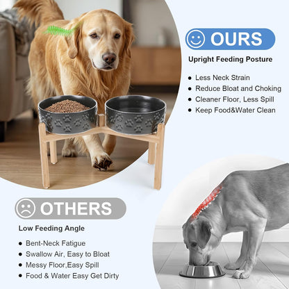 SPUNKYJUNKY Elevated Dog Bowls Ceramic, 8.3'' Dogs Food Water Bowls Raised with Non-Slip Bamboo Stand for Large Sized Breed Microwave Dishwasher Safe - 60 OZ,Paw Black