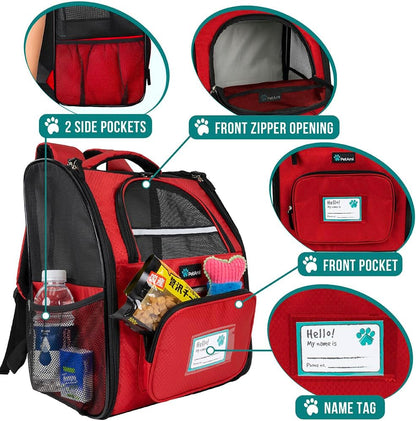 PetAmi Dog Backpack Carrier for Small Large Cat, Pet, Puppy, Ventilated Pet Hiking Backpack Travel Bag, Airline Approved Cat Backpack Carrier, Camping Biking Dog Bag Up to 18lbs Pet, Red