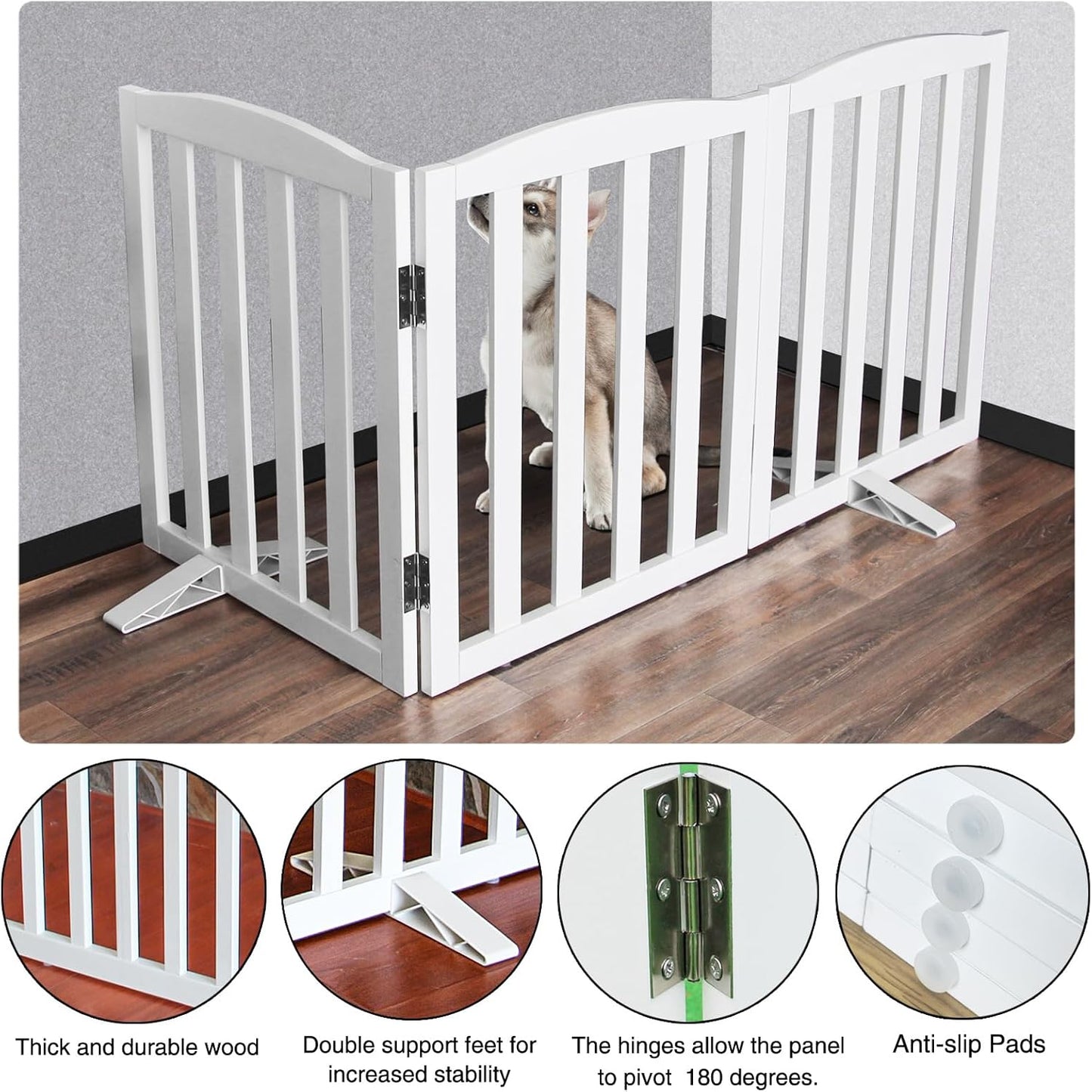 ZJSF Foldable Freestanding Indoor Dog Gate for House Wood White Long Pet Gates Dog Fence for Stairs Puppy Gates for Hallways,Pet Fence, Puppy Gate,Support Feet Included 24 "Height-3 Panels