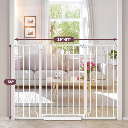 34" Extra Tall Baby Gate for Stairs, Auto Close Stroller Friendly Dog Gate Indoor for Doorways, Pressure Mounted 29"-51" W Baby Gate, Easy Walk Through Gate for Children & Pets, White
