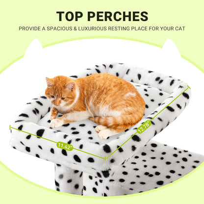 Allewie 64 Inches Cat Tree Tower/Multi-Level Activity Center for Indoor Big Felines/2 Plush Condos/2 Perchs/Basket/House/Sisal Scratching Posts/Hanging Cat Toys/White & Black Spot
