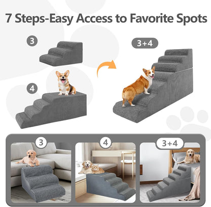 𝟳 𝗦𝘁𝗲𝗽𝘀 Dog Steps for High Bed, 30'' High Dog Stairs for Small Dogs, Waterproof Pet Stairs for Small Old Large Dogs and Cats with Removable Cover & PE Support Board for Bed, Car or Couch