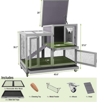 GUTINNEEN Two-Story Rabbit Hutch Large Bunny Cage with Wire Mesh Floor, Leak-Proof Trays, Lockable Wheels for Indoor and Outdoor Use, 40.6" L x 26" W x 37.6" H