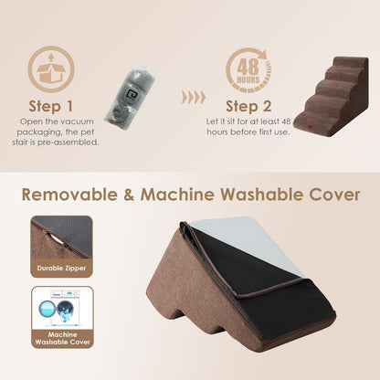 EHEYCIGA Curved Dog Stairs Ramp for High Beds 22.6" H, 5-Step Dog Steps for Small Dogs and Cats, Pet Stairs for High Bed Climbing, Non-Slip Balanced Pet Step Indoor, Brown