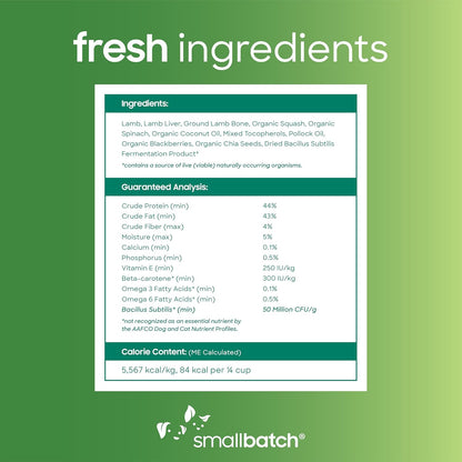 smallbatch Freeze Dried Dog Treats, Superfood Food Topper Lamb Bites for Dogs & Cats, Probiotics, Organic Ingredients, High Protein, Grain Free Healthy Treat or Food Topper, Made in The USA, 7 oz Bag