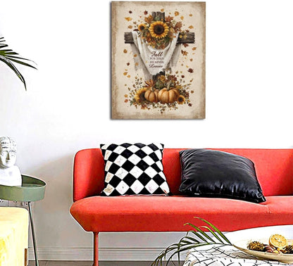 Christian Fall Wall Art Autumn Rustic Cross Sunflower Pumpkin Wall Decor Fall for Jesus He Never Leaves Pictures Painting Print Framed Artwork Decorations Gifts for Living Room Bedroom Prayer Room Office 16"x20"