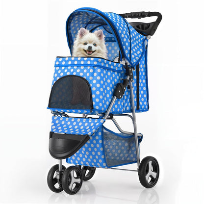 MoNiBloom 3 Wheels Pet Dog Cat Stroller for Small Medium Dogs Cats, Foldable Jogger Stroller w/Storage Basket and Cup Holder, Sky Blue Polka Dots