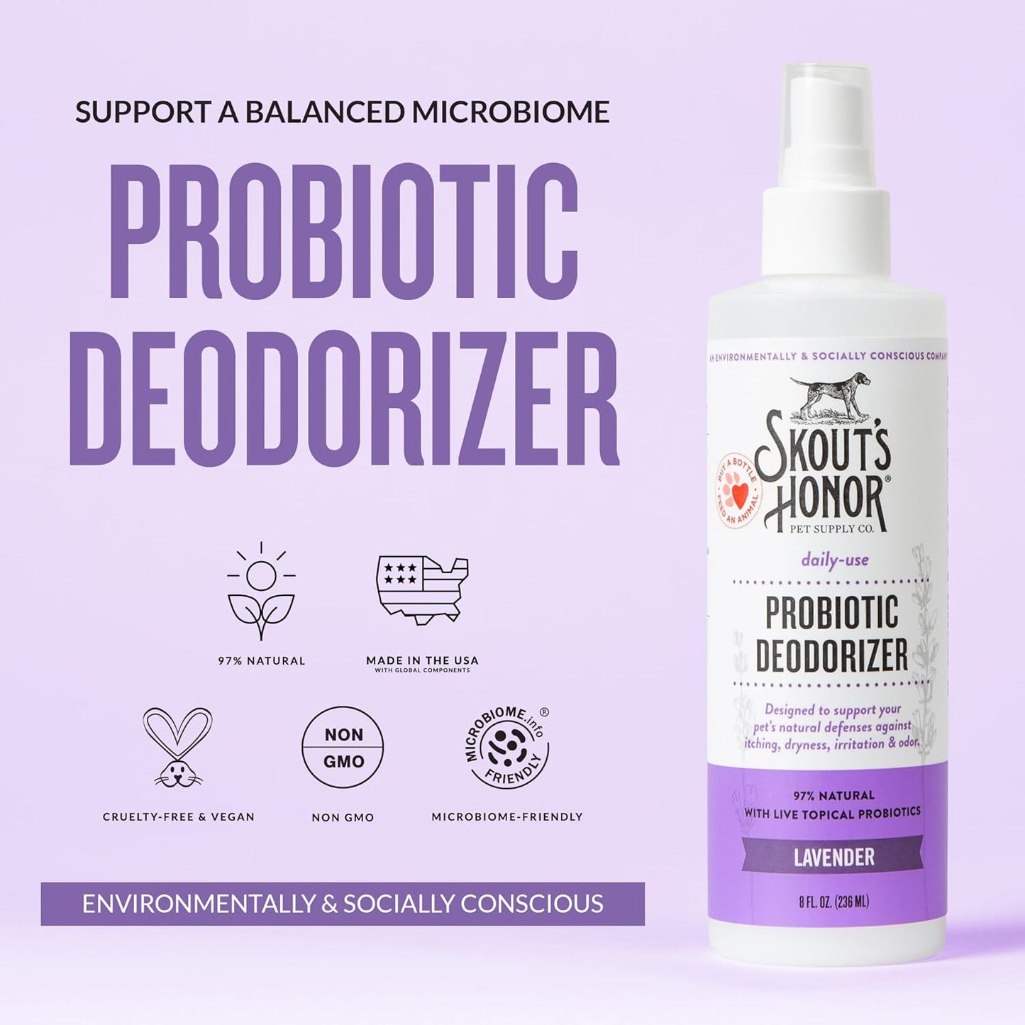 SKOUT'S HONOR Pet Probiotic Deodorizer Spray- Hydrating Daily-Use with Avocado Oil & Omega-3s, Microbiome Friendly Certified, Paraben & Sulfate-Free, 97% Natural, 8oz, Lavender, 2-Pack
