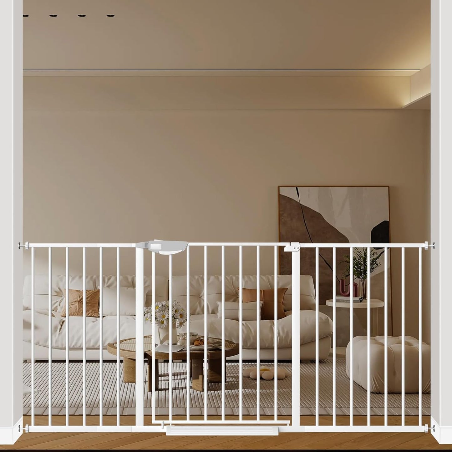 WAOWAO Triple Lock 49.21-66.54" Baby Gate Extra Wide Pressure Mounted Walk Through Swing Auto Close Safety White Metal Dog Pet Puppy for Stairs,Doorways,Kitchen