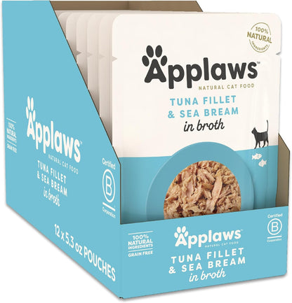 Applaws Natural Wet Cat Food in Broth, Limited Ingredient Wet Cat Food Pouches, No Additives, Made with Natural Ingredients, Tuna Fillet with Seabream in Broth (12 x 5.3oz Pouches)