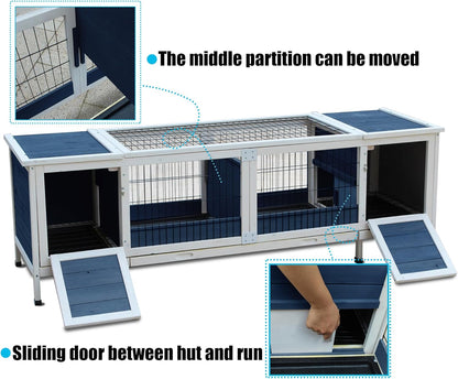 Rabbit Hutch Indoor Leakproof Bunny Cage Fir WoodenOutdoor Bunny House with Wire Floor Leakproof Plastic Tray (Blue)
