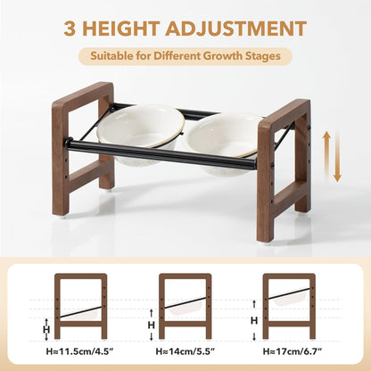 6.3inch Ceramic Adjustable Raised Double Bowls Set with Stand, 3 Heights Elevated, 2 Placement Options,Food and Water Bowls for Adult Cat Small and Medium Dog(Reactived Glaze -White)