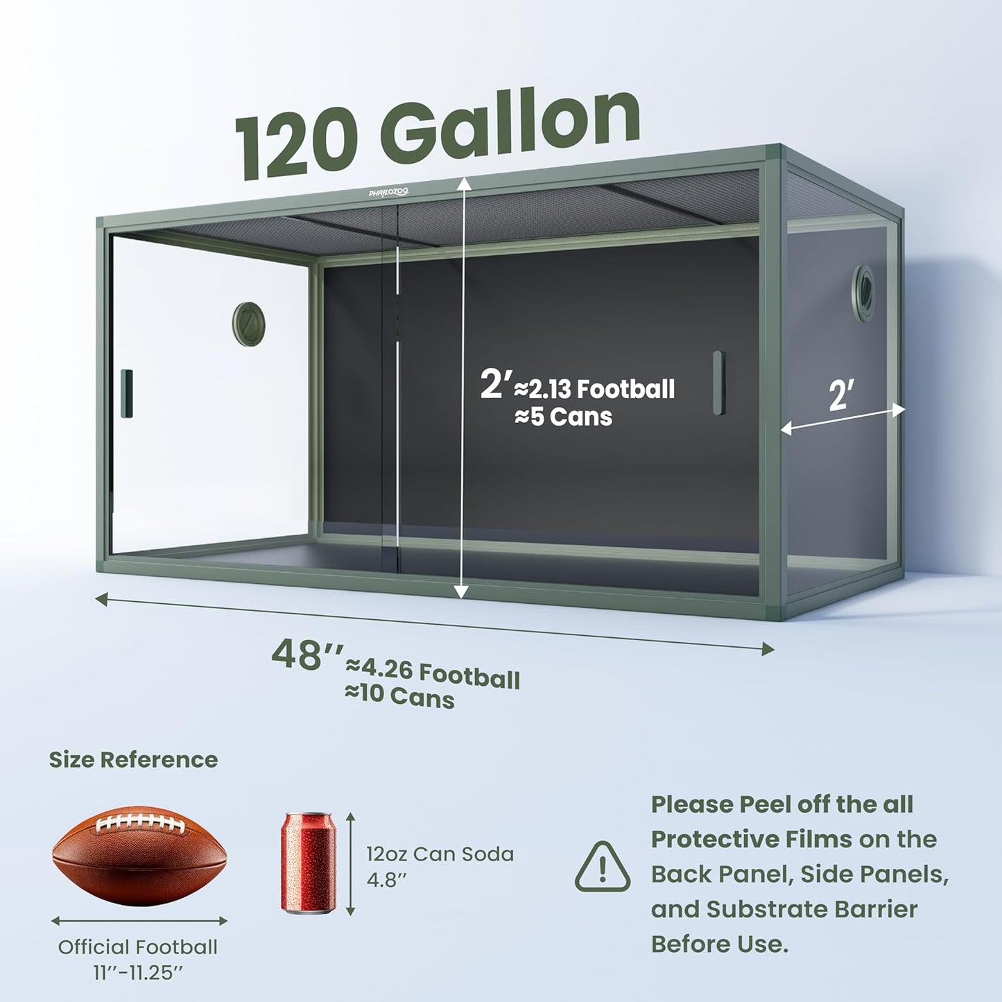 120 Gallon Bearded Dragon Tank,48" x 24" x 24" Reptile Tank with Sliding Door Top Screen Ventilation, Front Opening Reptile Enclosure for Easy Maintenance