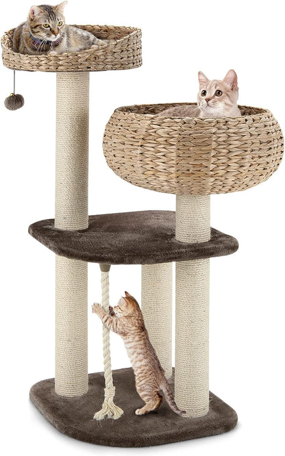Tangkula Modern Cat Tree for Indoor Cats, Small/Tall Cat Tower with Natural Sisal Scratching Post, Hand-Made Wicker Cat Condo & Top Perch, Funny Hanging Toy Ball, Cute Cat Tree Tower for Large Cats